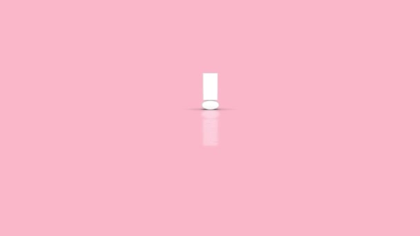 Simbolo del punto esclamativo nel colore bianco minimalista che salta verso la fotocamera isolata su un semplice sfondo viola rosa minimale — Video Stock