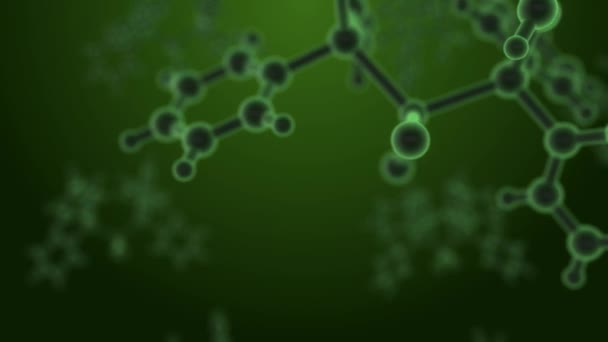 Структура молекул под микроскопом, плавающая в жидкости с зеленым фоном — стоковое видео