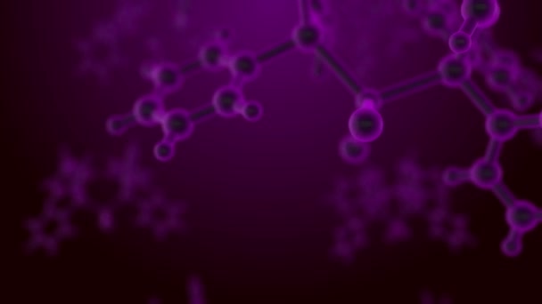 Estructura molecular bajo microscopio, flotando en fluido con fondo púrpura — Vídeos de Stock