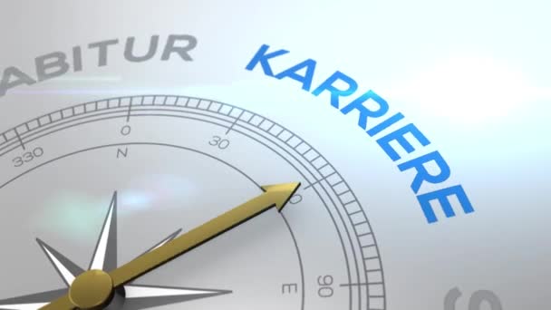 Boussole avec texte - KARRIERE- mot allemand pour CARRIER- droit chemin, concept vidéo pour une bonne direction fond blanc brillant — Video