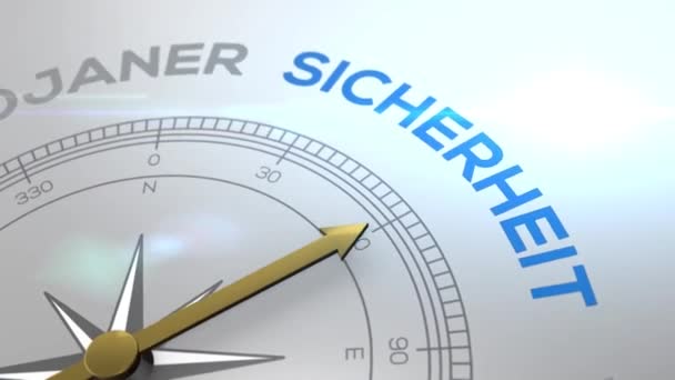 Compass with text - SICHERHEIT - german word for SECURITY - right path, concept video for good direction white shiny background — Stock Video