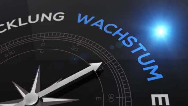 Bússola com texto - WACHSTUM- palavra alemã para CRESCIMENTO caminho certo, vídeo conceito para uma boa direção azul fundo brilhante — Vídeo de Stock
