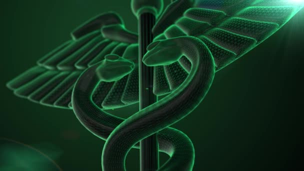 Έννοια της υγειονομικής περίθαλψης. Πράσινο Wireframe ιατρική κηρύκειο σύμβολο — Αρχείο Βίντεο