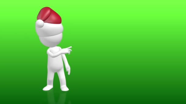 Personaje humano 3D con sombrero de Navidad apuntando a marcador de posición vacío — Vídeos de Stock