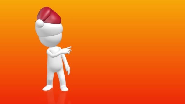 3D Человеческий персонаж в рождественской шляпе, указывающий на пустую заполнитель — стоковое видео