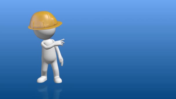 Personaje humano 3D con sombrero de constructor apuntando a marcador de posición vacío — Vídeo de stock