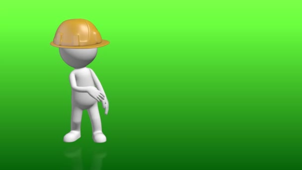 Personaje humano 3D con sombrero de constructor apuntando a marcador de posición vacío — Vídeo de stock