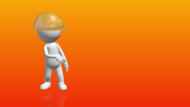 3D menselijk karakter met constructor hoed verwijst naar lege tijdelijke aanduiding — Stockvideo