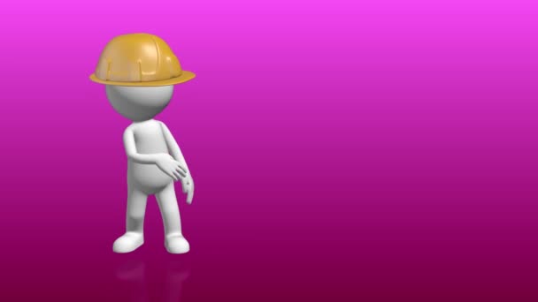 Personaje humano 3D con sombrero de constructor apuntando a marcador de posición vacío — Vídeos de Stock