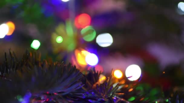Decoración de Navidad de cerca. La bombilla eléctrica brilla con elementos de Navidad como decoración para las vacaciones close up rack focus macro — Vídeo de stock