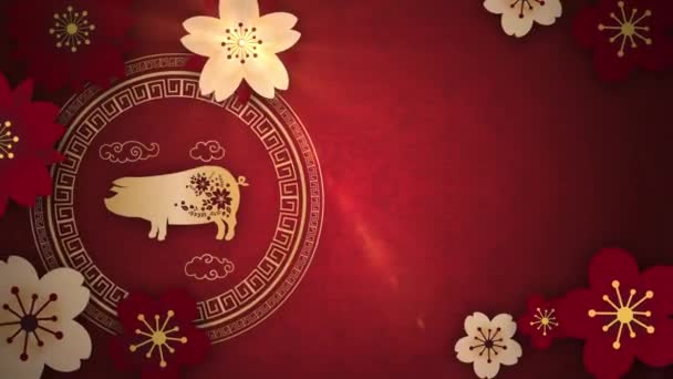 Happy chinese Nieuwjaar 2019 sterrenbeeld met gold papier knippen kunst en ambachtelijke stijl op kleur achtergrond. Chinese vertaling jaar van het varken — Stockvideo