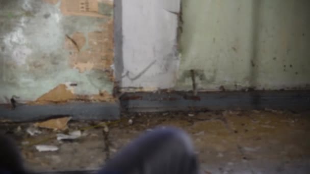 Depressiver und verrückter Mann sitzt auf einem Sofa in einem verlassenen Haus und blickt in einen Spiegel — Stockvideo