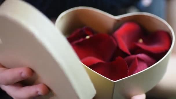 Valentine ajándék. Fiatal lány nyitása szív díszdobozban, a rózsaszirom — Stock videók