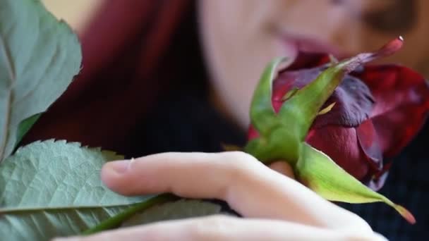 Valentinstagsgeschenk. junges Mädchen, das an einer roten Rose riecht — Stockvideo