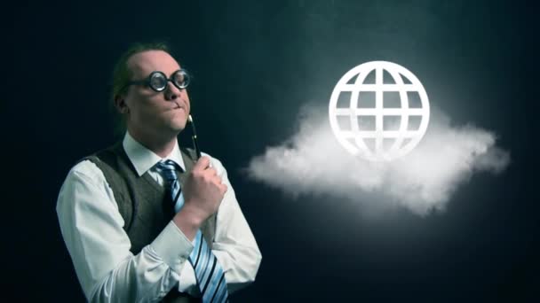 Funny nerd or geek looking to flying cloud with rotating globe icon — Stock Video