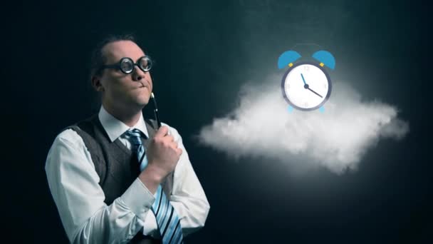 Funny nerd or geek looking to flying cloud with rotating clock icon — Stock Video