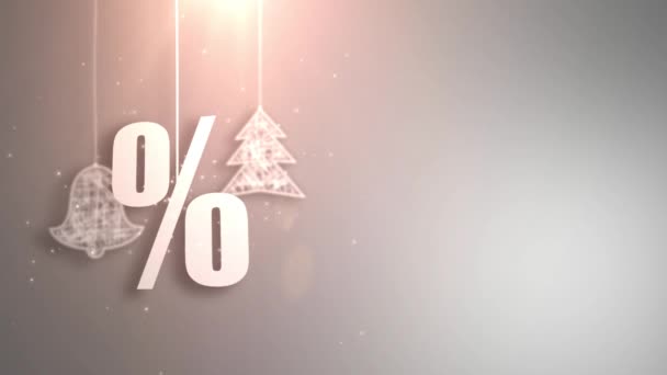 Por ciento de símbolos de Navidad que cuelgan de las cuerdas una caída del techo oferta de compras — Vídeo de stock