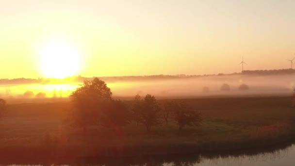 Vol au-dessus du lac brumeux et prairie avec des arbres avec beau lever de soleil 