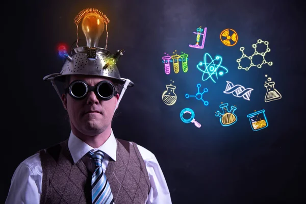 Funny scientist looking to chemistry symbols chemical — Stock Photo, Image