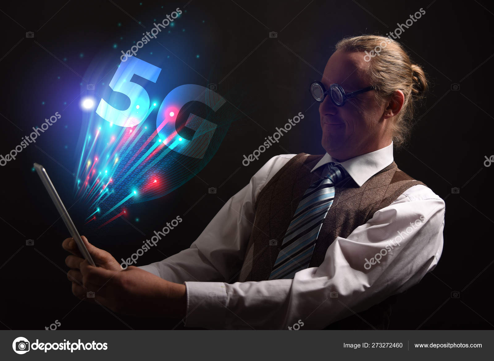 Funny nerd or geek wiith tablet and 5G symbol Stock Photo by ©artefacti 273272460 Funny nerd or geek wiith tablet and 5G symbol Stock Photo by ©artefacti 273272460