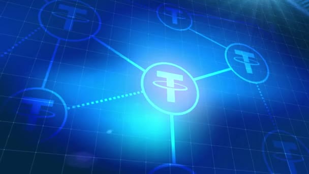 Tether Cryptocurrency Icon Animation Blue Digital Elements Technology Background — Stock Video