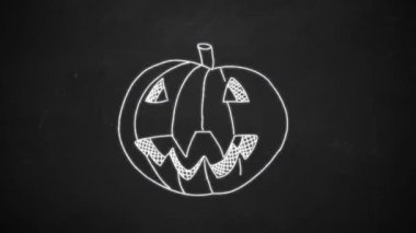 kara tahta animasyon üzerinde beyaz tebeşir ile halloween kabak gösteren el çizim çizgi sanatı