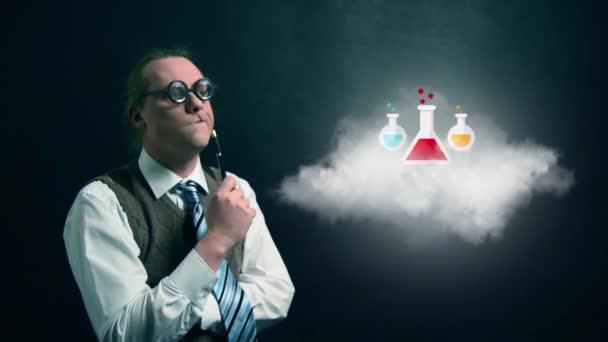 Αστεία Nerd Geek Ψάχνει Φέρουν Σύννεφο Περιστρεφόμενο Εικονίδιο Χημεία — Αρχείο Βίντεο