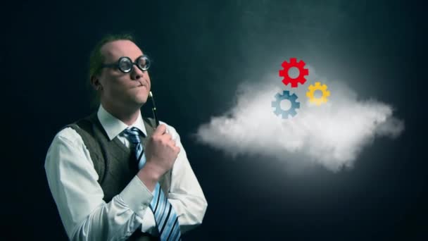 Funny Nerd Geek Looking Flying Cloud Rotating Gear Icon — Stock Video