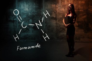Seksi kız veya sekreter veya kadın öğrenci Formamide el yapımı kimyasal formül sunan
