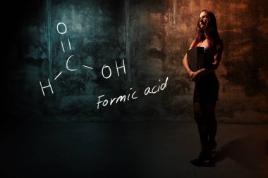 Seksi kız veya sekreter veya kadın öğrenci formik asit handdrawn kimyasal formülü sunan