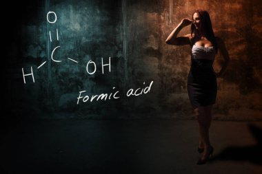 Seksi kız veya sekreter veya kadın öğrenci formik asit handdrawn kimyasal formülü sunan