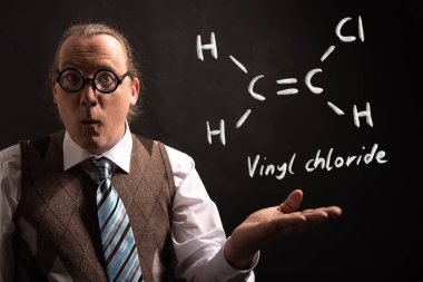 Professor presenting handdrawn chemical formula of vinyl chloride clipart