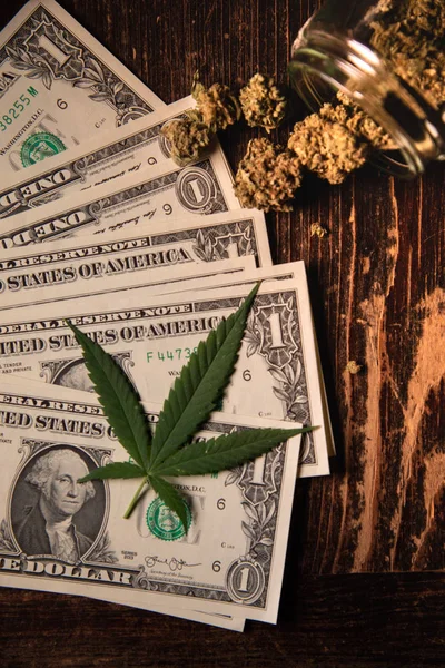 Pieniądze marihuany Dollar Bill i medyczne Marijauna na stole Obraz Stockowy