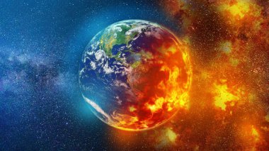 View of planet earth burning in space red and blue clipart