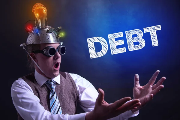 Nerd with tin foil hat presenting the word Debt symbol