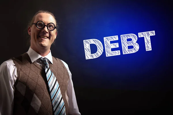 Professor or Teacher hat presenting the word Debt symbol — Stock Photo, Image