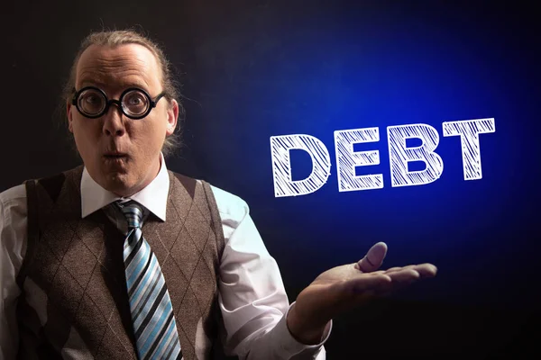 Professor ou Professor chapéu apresentando a palavra símbolo da dívida — Fotografia de Stock