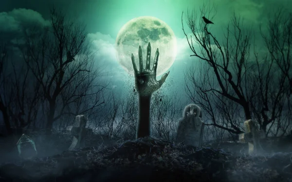 Skeleton Zombie Hands Rising Out Of A Cemetery - Halloween Background 3D Rendering