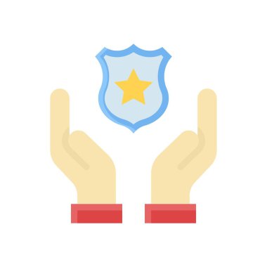 Yönetimle ilgili polis rozeti düz tasarımda el veya bakım el vektörü