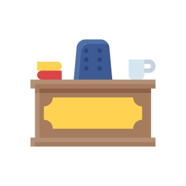 Düz tasarım tablosu, kitapları ve çay fincanı vektörüyle idari başbakan sandalyesi