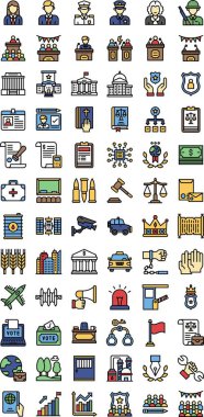 İdari hakimler, ekip çalışması, konuşma masası, polis minibüsü, oy kutusu, kamera, tahta çekiç, kurşun, kitap, megafon, banka, şirket binası ve düzenlenebilir felçli giriş kartı vektörü.