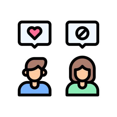 Seçimle ilgili mesaj içeren erkek ve kız çocuğu, kalp ve kısıtlama işareti vektörü ve düzenlenebilir felçli