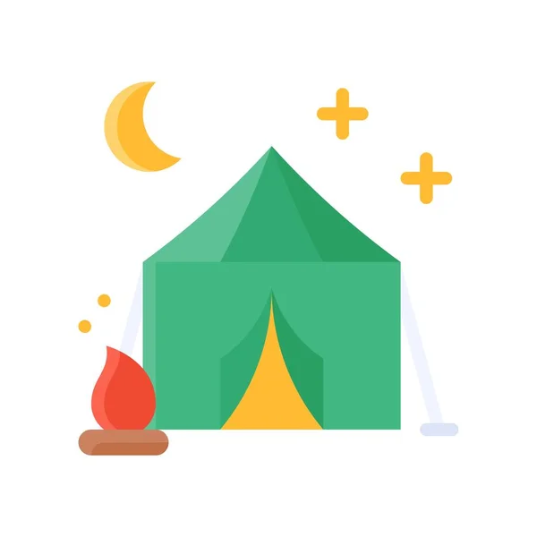 Free Time Related Cammping Tent Fire Moon Vector Flat Style — Stock Vector