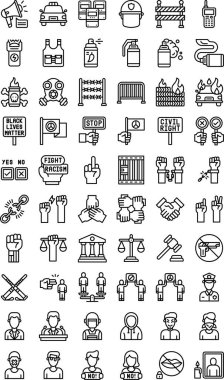 protesto bağlantılı megafon, polis arabası, bayraklar, afişler, yüz maskesi, eller, itfaiye arabası lastikleri, kavga, polis ceketi, kelepçe, ağırlık ölçeği ve Walkie Talkie, çizgisel tarzda vektör