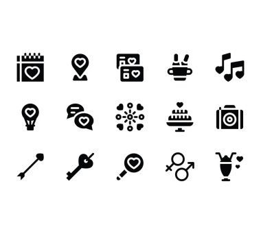 Sevgililer günü kartları, ilgili aşk ve romanlar, mesaj açılır, konum, müzik, kamera, kalp anahtarı, pasta, ok, takvim ve büyüteç vektörleri, sağlam tasarımlar,