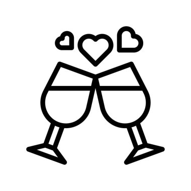 Evlilik ve aşkla ilgili şarap kadehleri ve kalp vektörleri çizgisel tarzda.