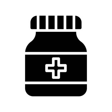 Laboratuar simgesi ile ilgili laboratuvar medikal kavanozu veya katı tasarım içinde artı işaret vektörü içeren kabı