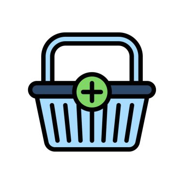 Akşam yemeği pazarı ya da çevrimiçi alışveriş sepeti, saplı ve artı düzenlenebilir felçli işaret vektörü.