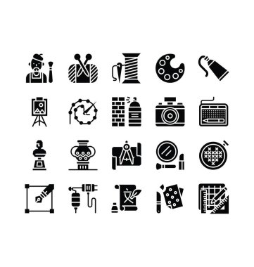 sanat ve zanaat bağlantılı kamera, fırçalar, renk spreyi, renk tüpü, örgü ve kalem aracı vektörü katı tasarım