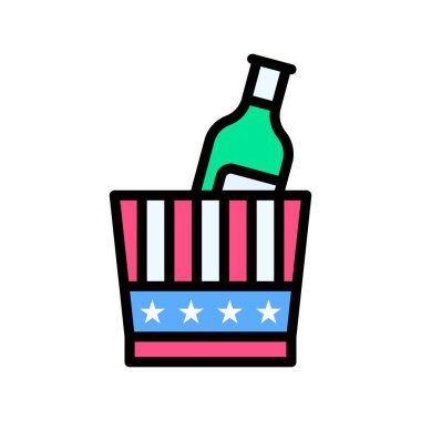 4 Temmuz Birleşmiş Milletler bayrağı tarzı şarap şişesi ve buz küpü. Yıldızlar ve şerit vektörleri düzenlenebilir felçli.